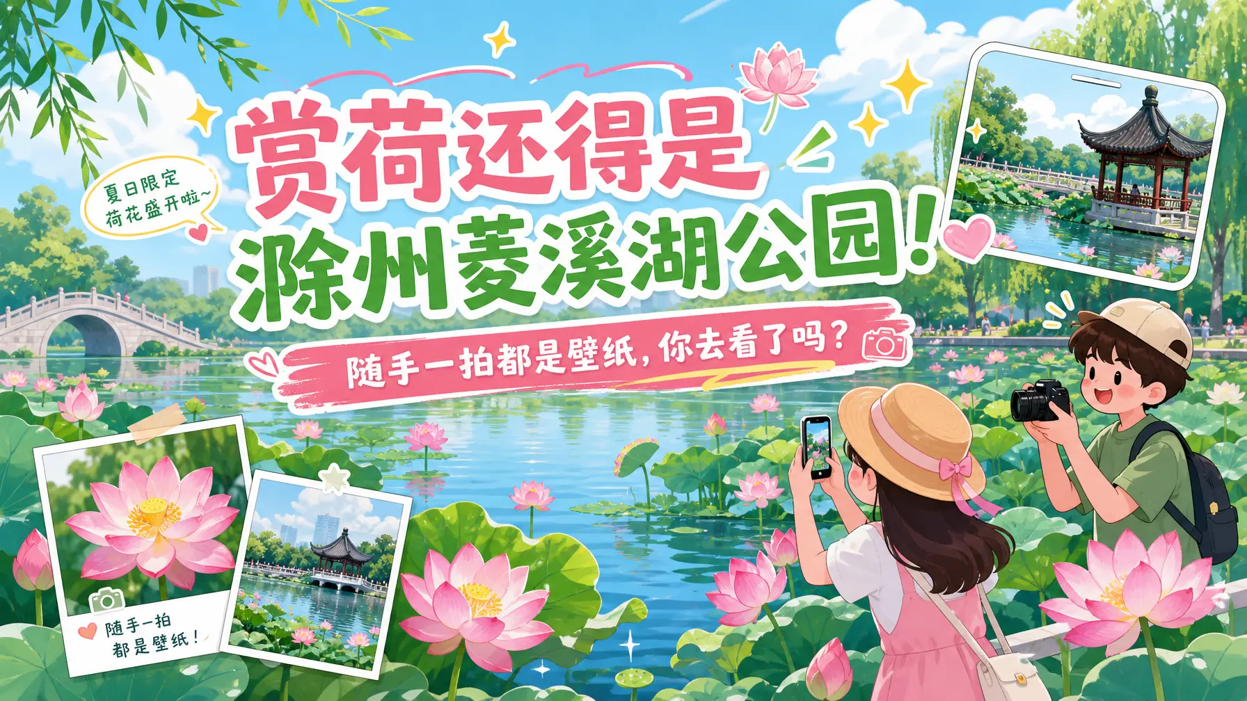 卡通插画 滁州菱溪湖赏荷