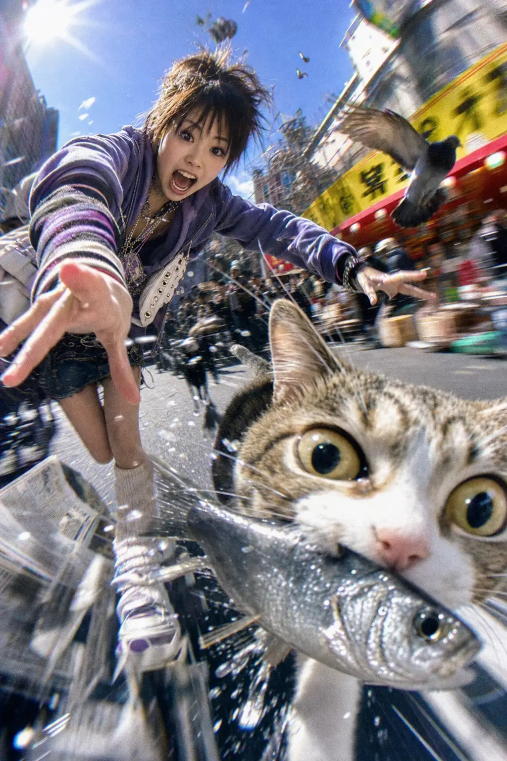 街拍 猫叼大鱼狂奔
