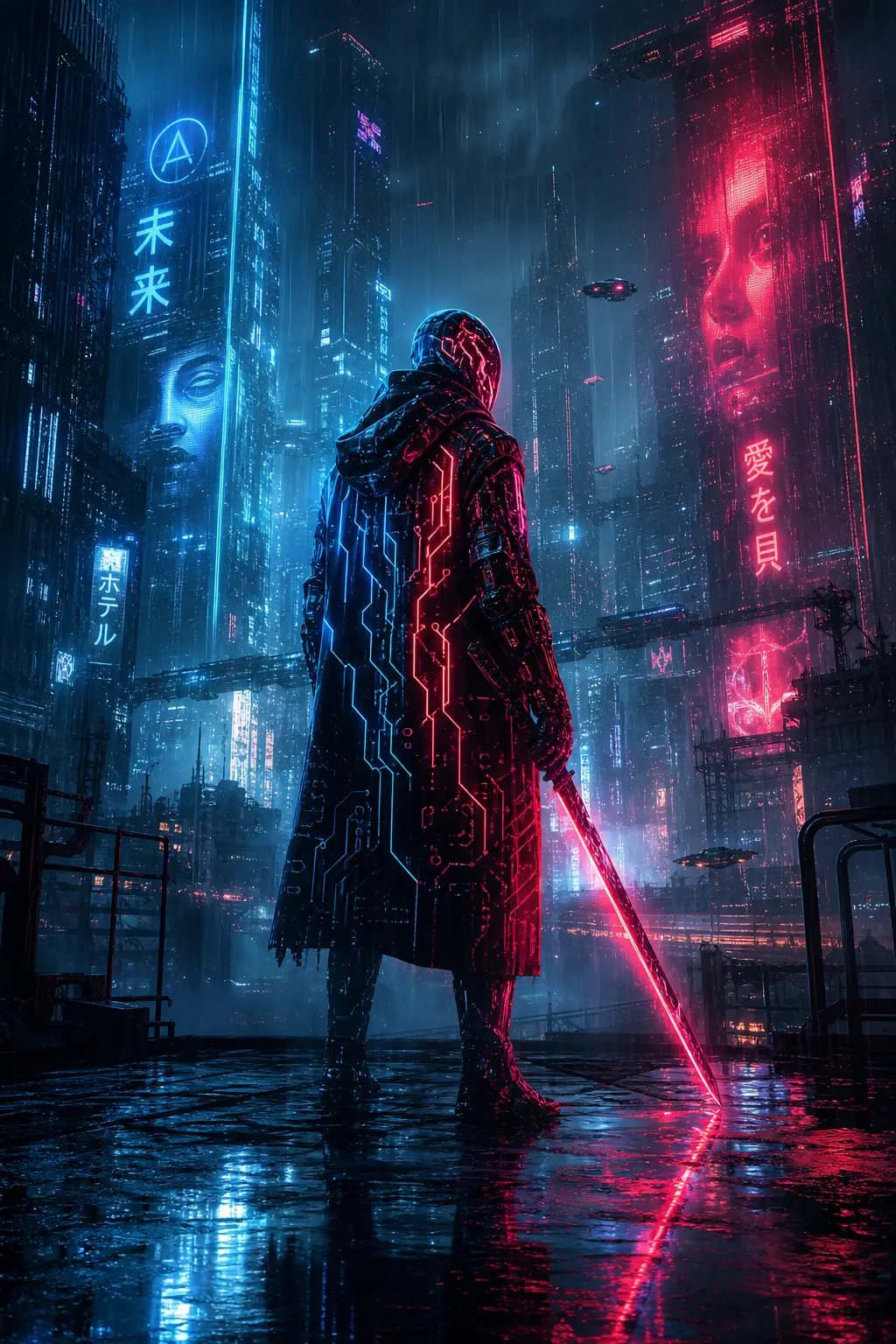 数字艺术 霓虹光条雨夜
