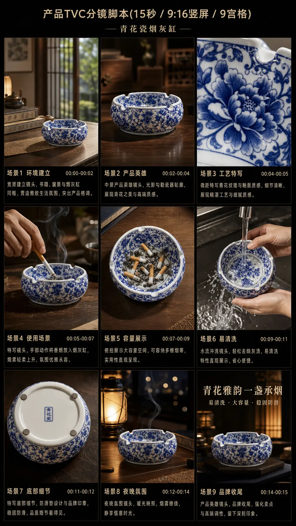 TVC分镜板 青花瓷烟灰缸