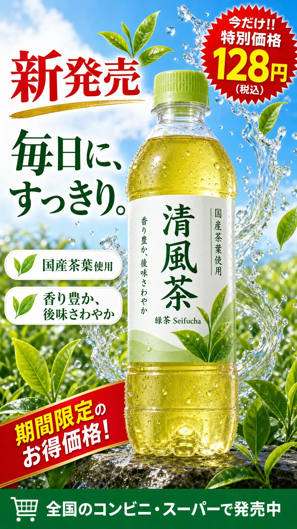 海报 瓶装绿茶水花