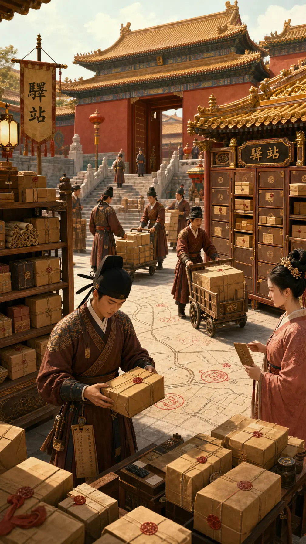插画 古代皇宫快递驿站