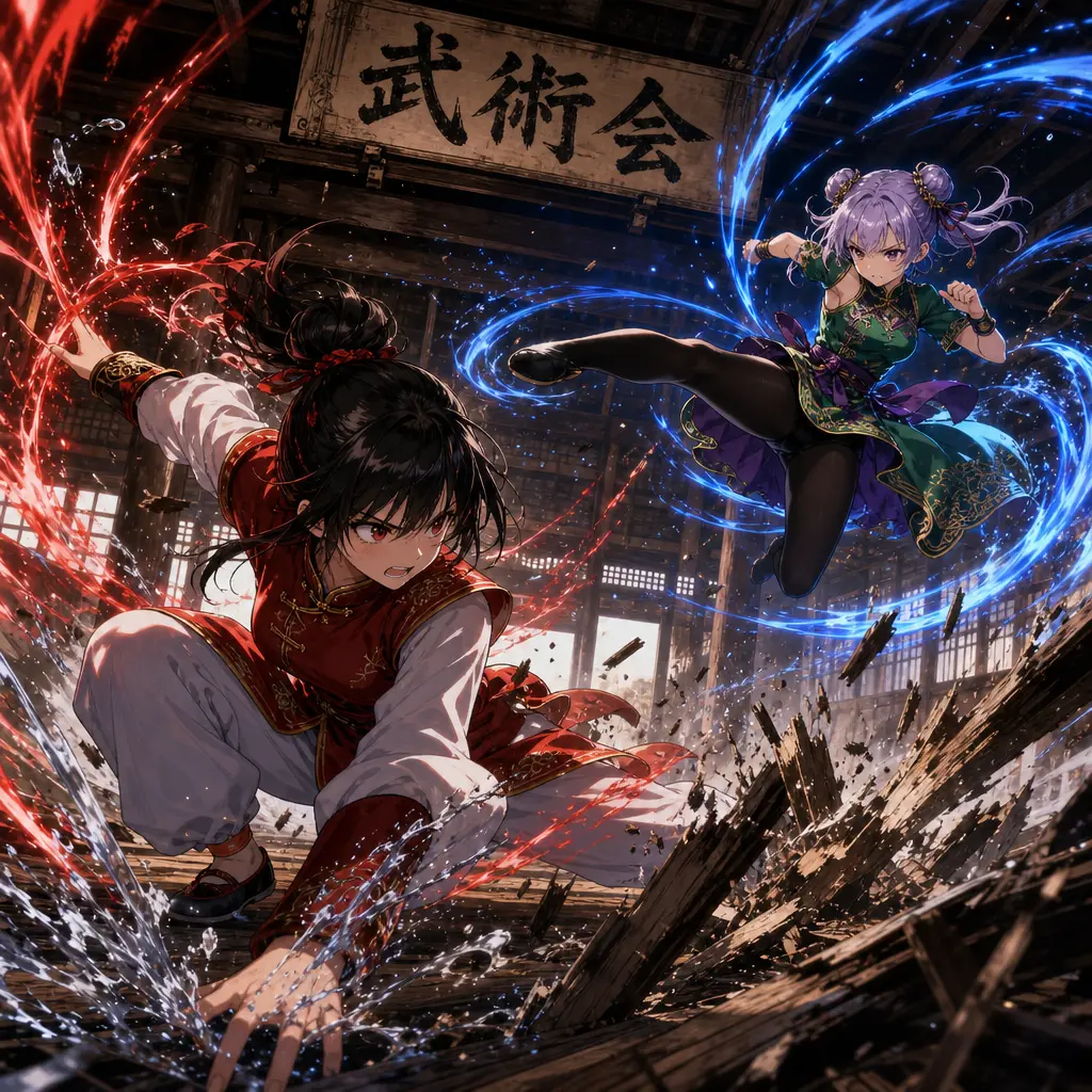 动漫插画 道场双女能量激战