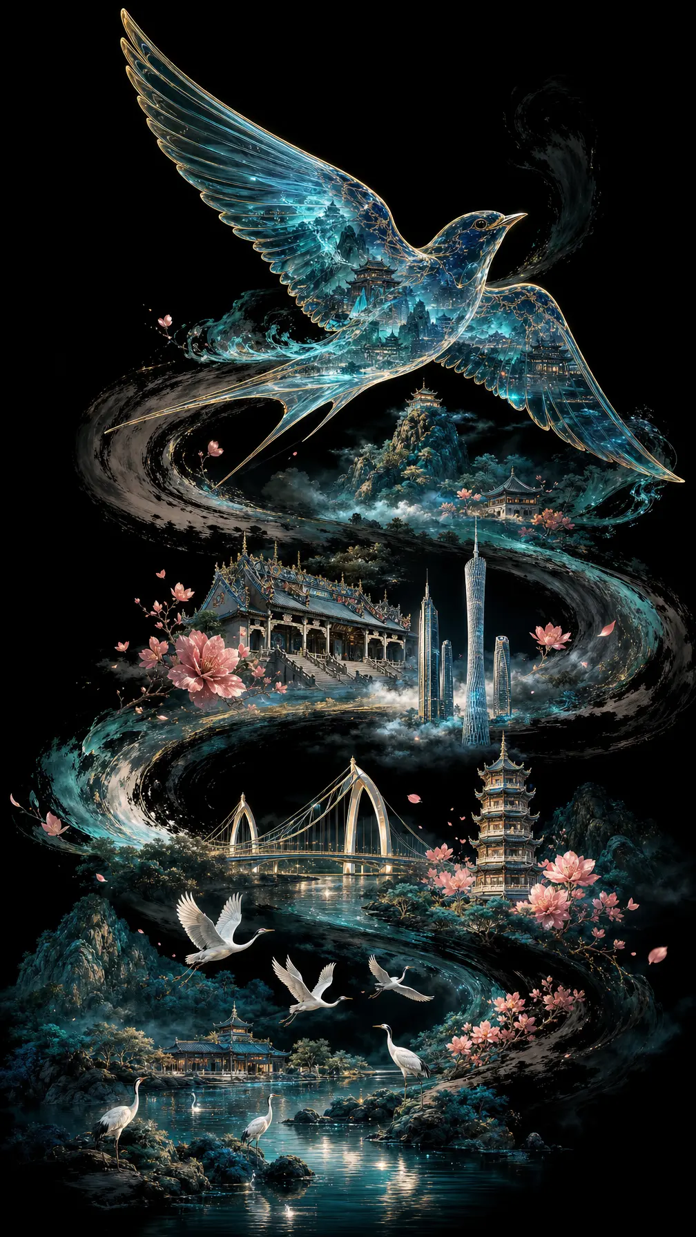 插画 透明燕子穿行广州