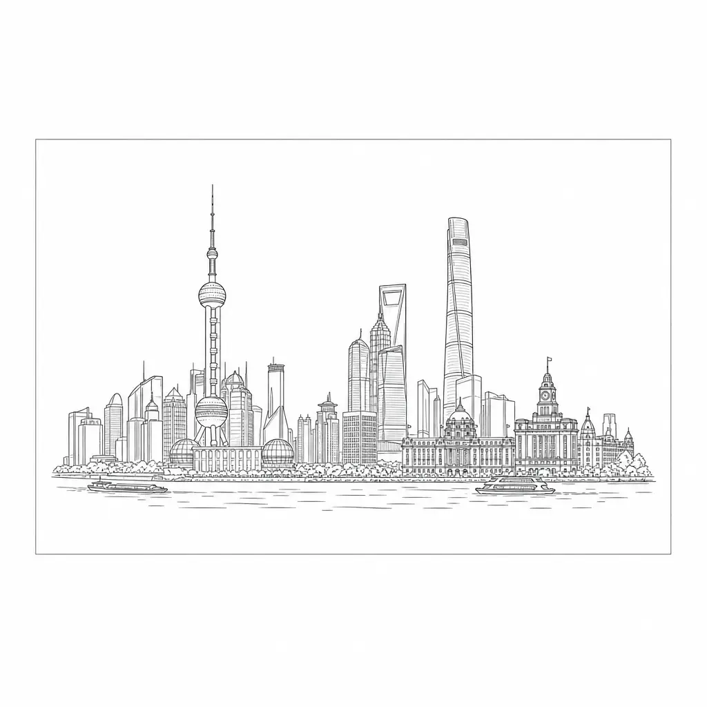 明信片 黑色线稿上海