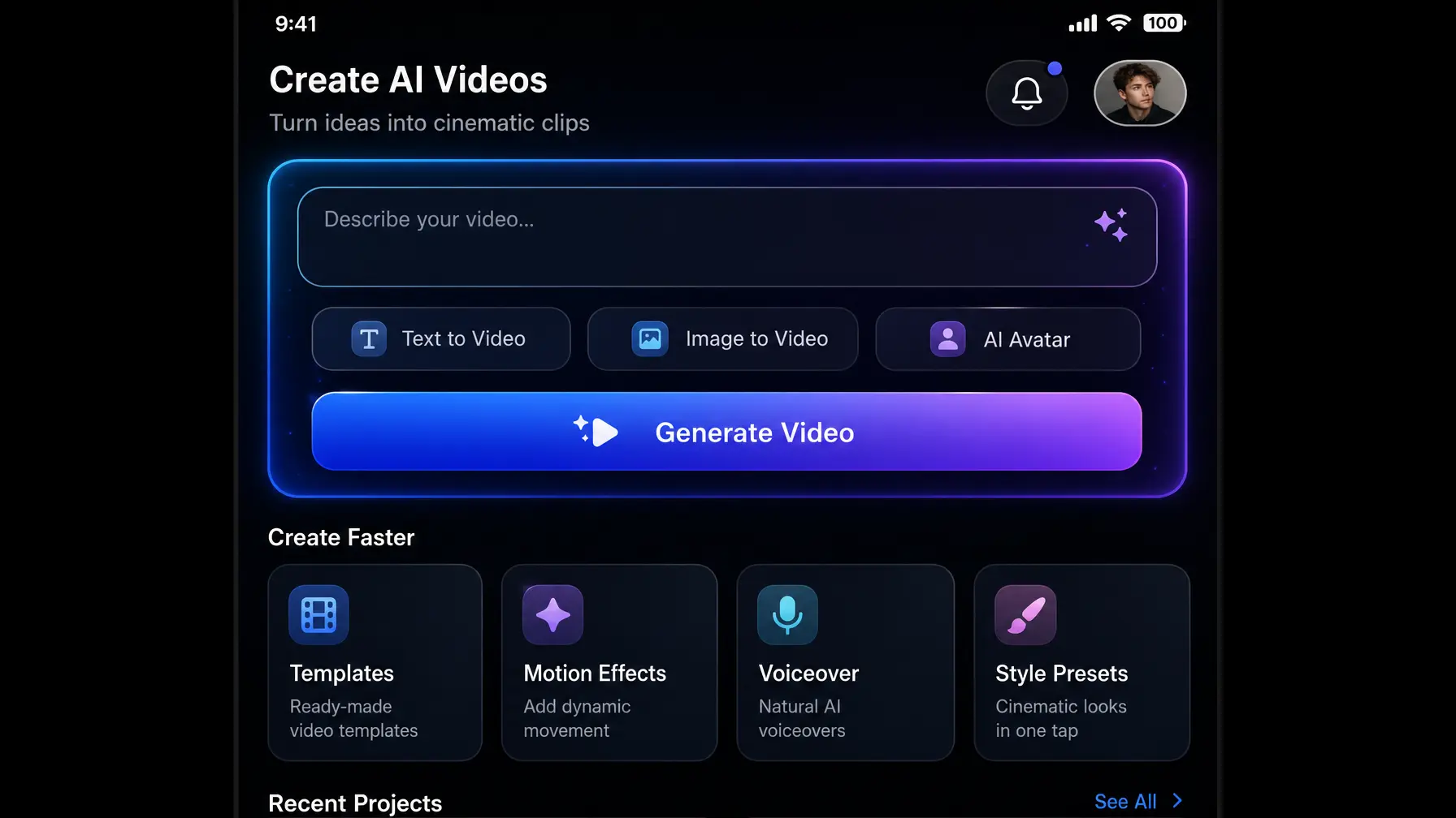 UI AI视频生成器 暗黑
