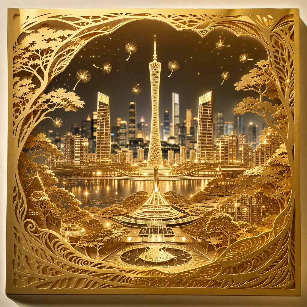 剪纸 立体广州塔城景