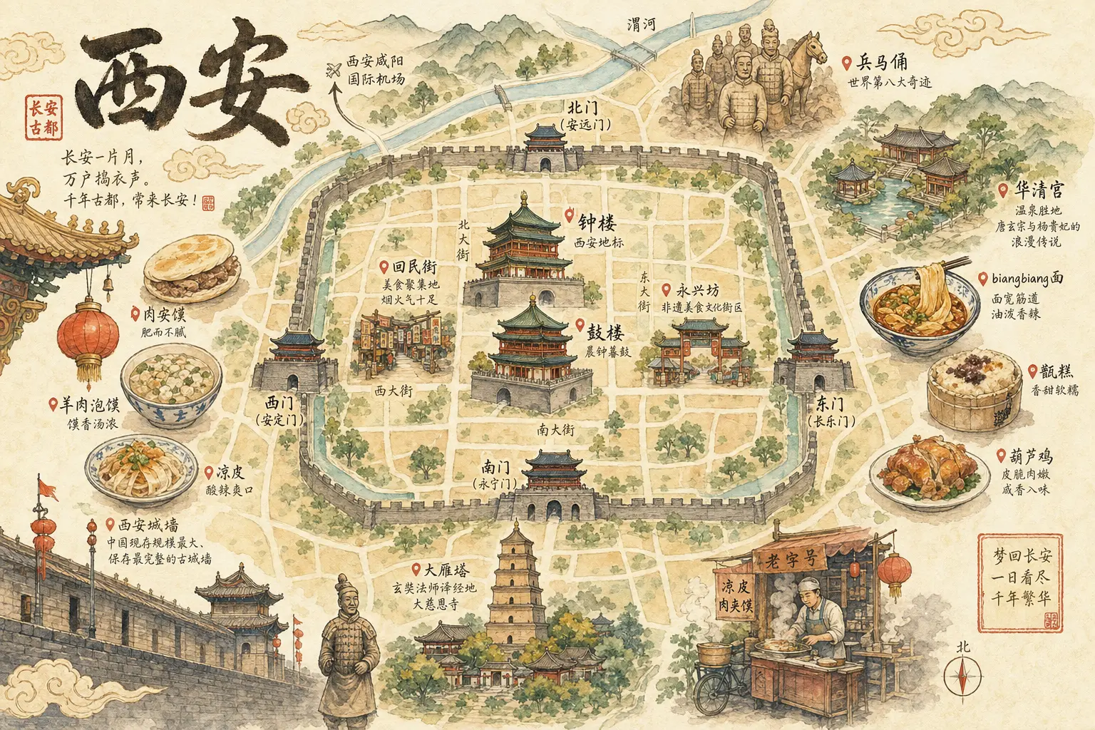 手绘地图 西安美食地标
