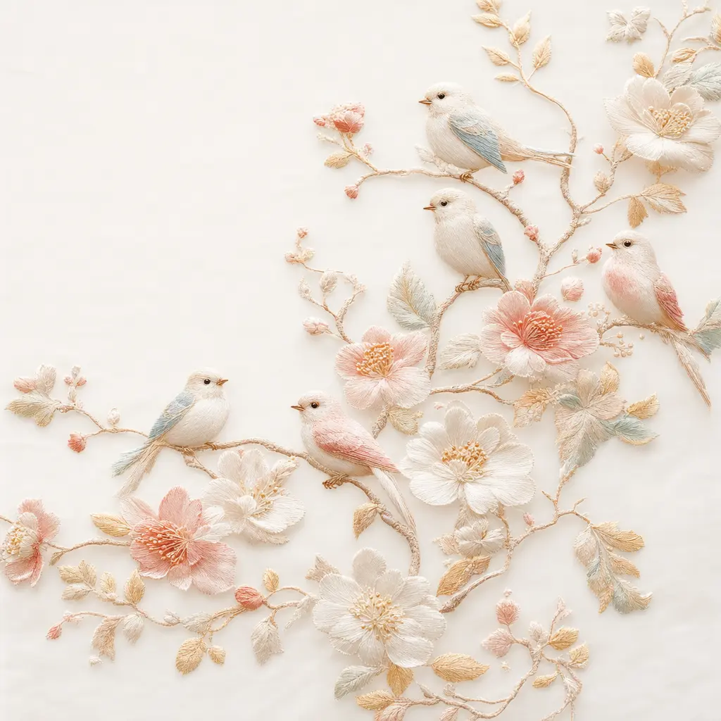 插画 立体刺绣小鸟花枝