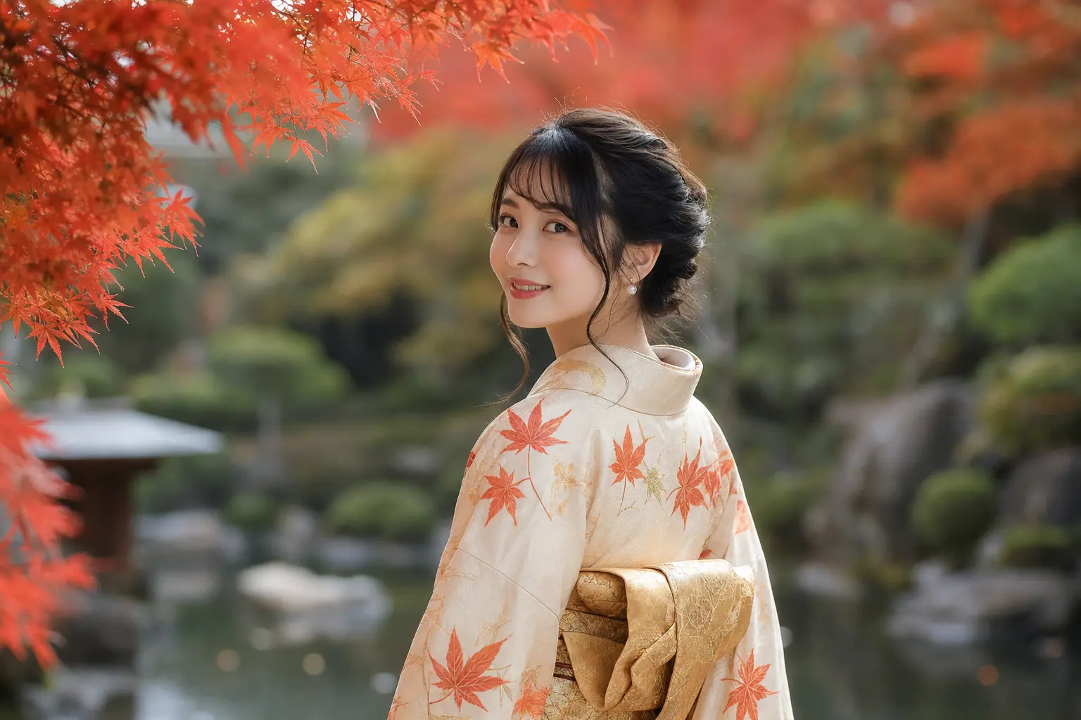 和服人像 秋日枫叶