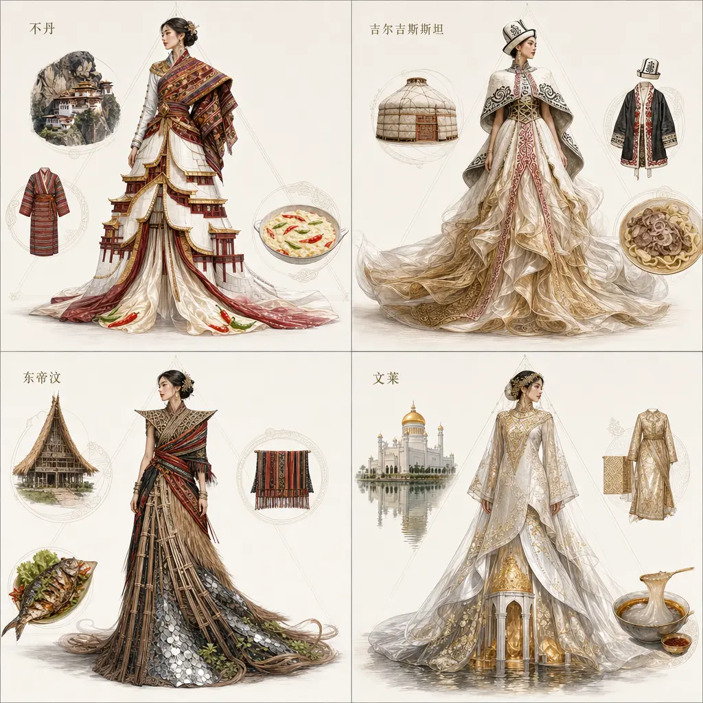 服装设计 · 四国文化锚点 · 2x2 宫格
