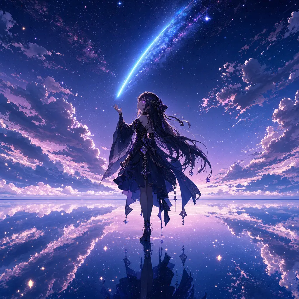插画 星空水面少女