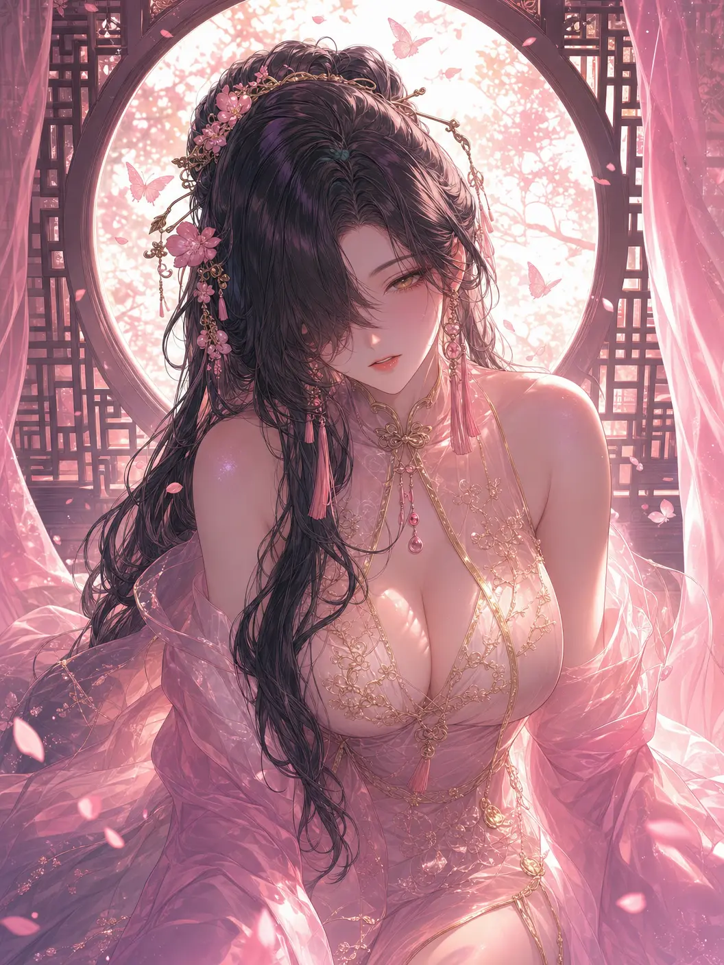 角色插画 中式圆窗逆光