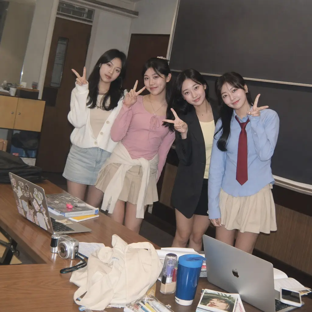 教室合影 课桌后四位女生剪刀手
