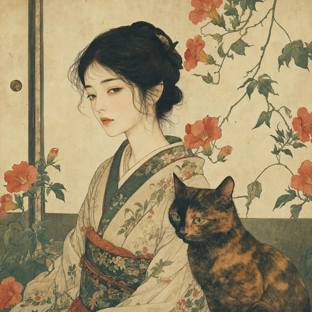插画 昭和和服玳瑁猫