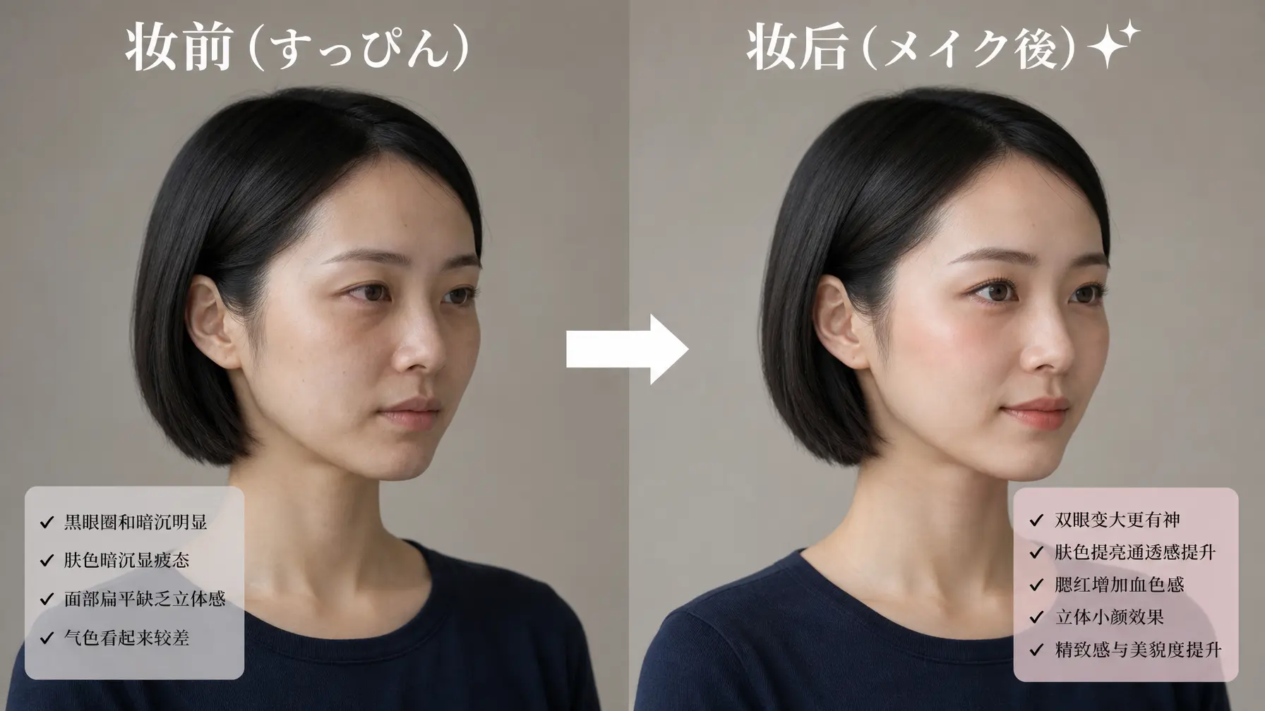 美妆前后对比图 侧脸马赛克