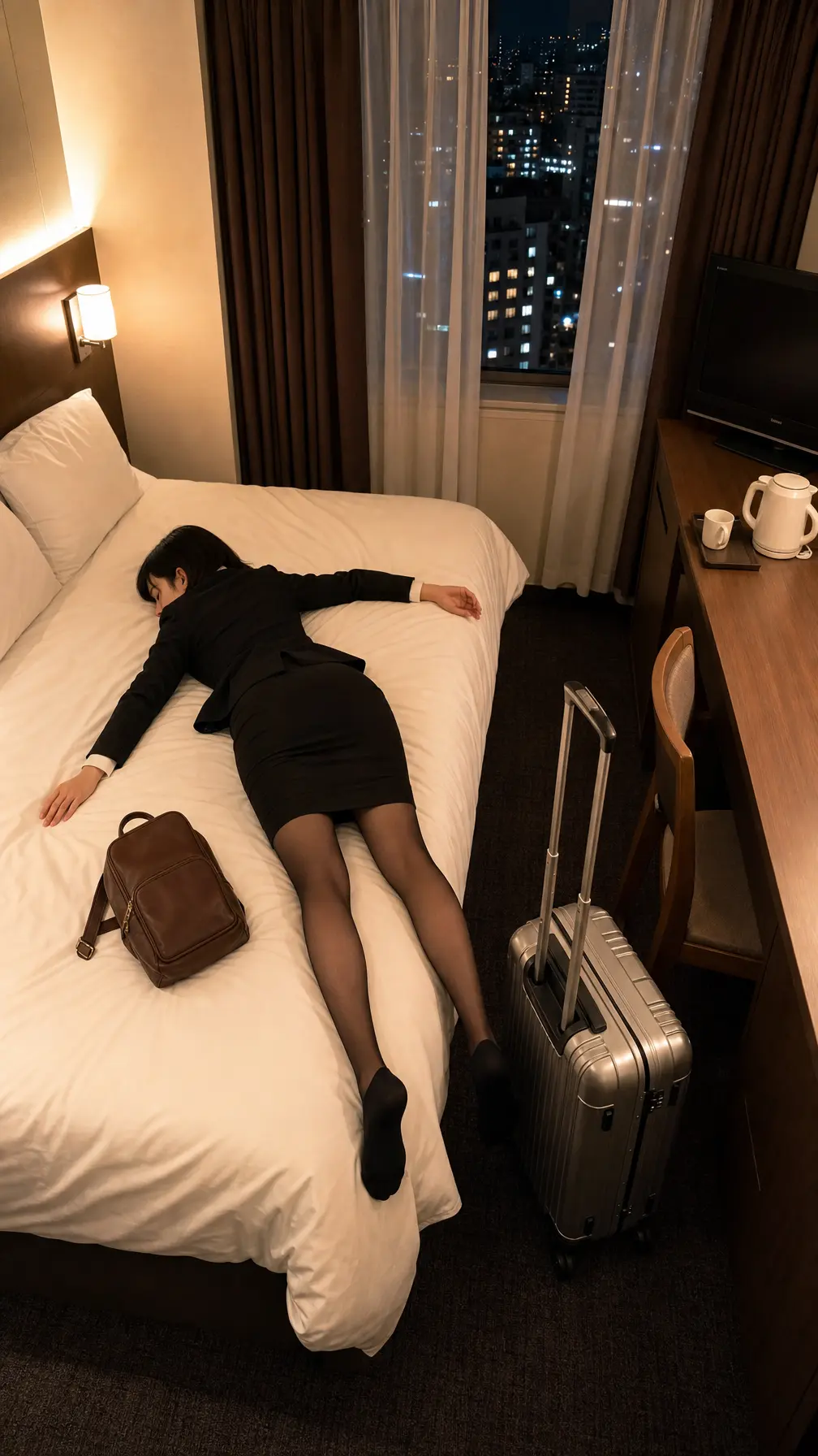 插画 疲惫职场女性瘫床